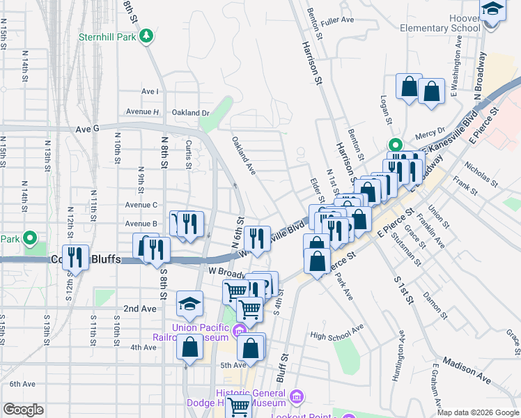 map of restaurants, bars, coffee shops, grocery stores, and more near 400 Oakland Avenue in Council Bluffs
