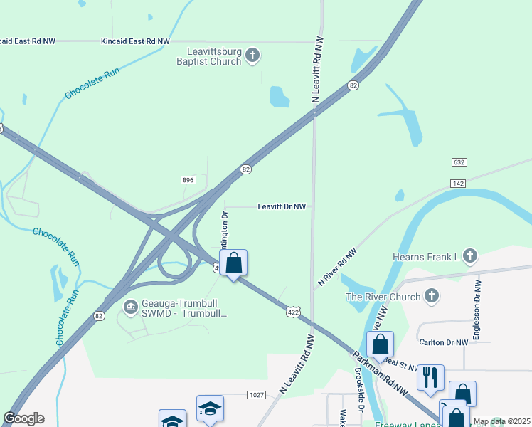 map of restaurants, bars, coffee shops, grocery stores, and more near 4155 Leavitt Drive Northwest in Warren