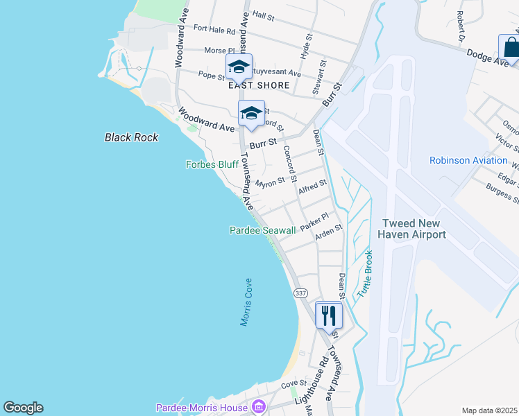 map of restaurants, bars, coffee shops, grocery stores, and more near 25 Myron Street in New Haven