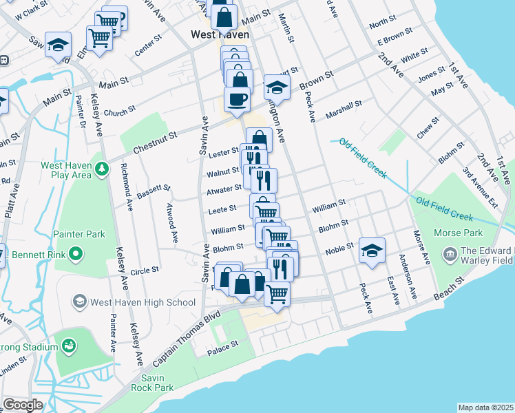 map of restaurants, bars, coffee shops, grocery stores, and more near 132 Atwater Street in West Haven