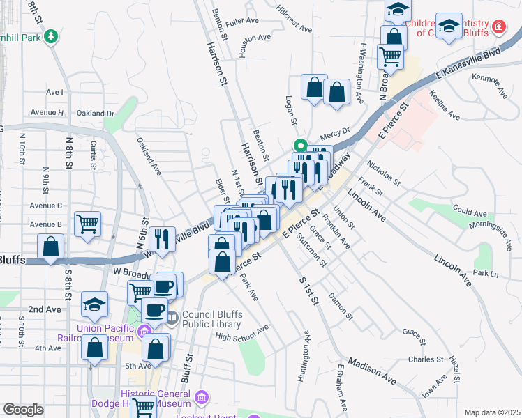 map of restaurants, bars, coffee shops, grocery stores, and more near 200 East Kanesville Boulevard in Council Bluffs