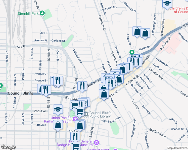 map of restaurants, bars, coffee shops, grocery stores, and more near 250 Fletcher Avenue in Council Bluffs