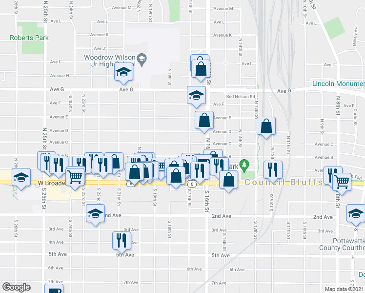 map of restaurants, bars, coffee shops, grocery stores, and more near 1705 Avenue D in Council Bluffs