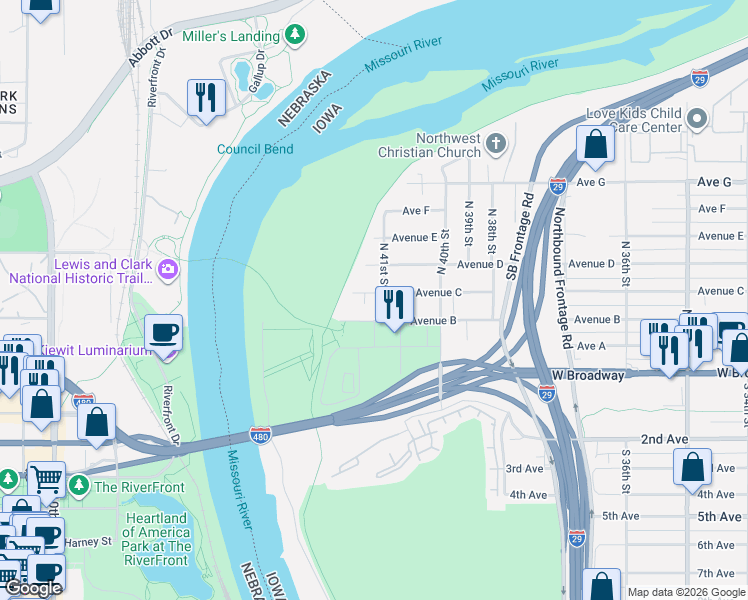 map of restaurants, bars, coffee shops, grocery stores, and more near 4119 Avenue D in Council Bluffs