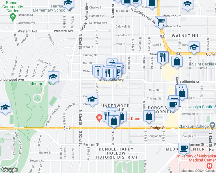 map of restaurants, bars, coffee shops, grocery stores, and more near 5006 Underwood Avenue in Omaha