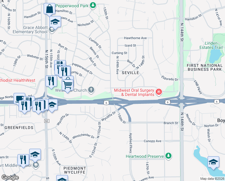 map of restaurants, bars, coffee shops, grocery stores, and more near 611 North 150th Street in Omaha