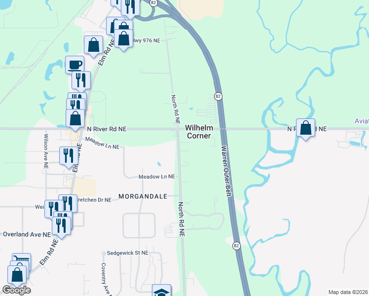 map of restaurants, bars, coffee shops, grocery stores, and more near 2500 North Road Northeast in Warren