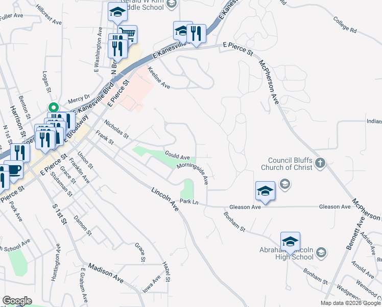 map of restaurants, bars, coffee shops, grocery stores, and more near 717 Forest Drive in Council Bluffs