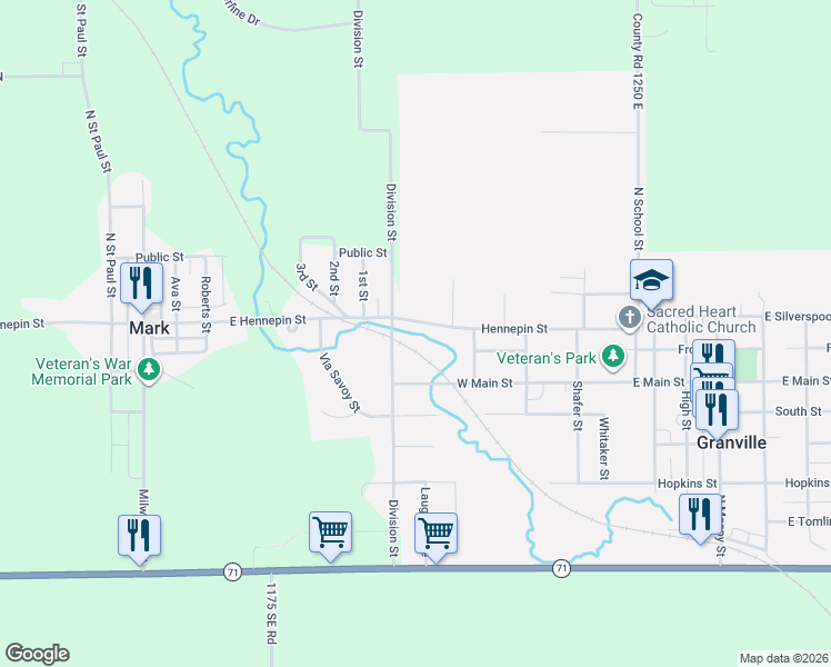 map of restaurants, bars, coffee shops, grocery stores, and more near 612 Hennepin Street in Granville