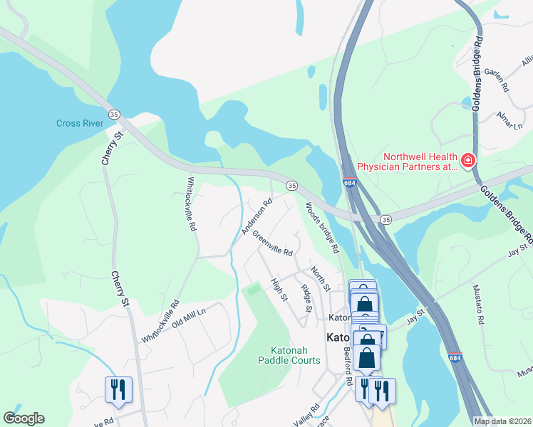 map of restaurants, bars, coffee shops, grocery stores, and more near 8 Old Village Lane in Katonah