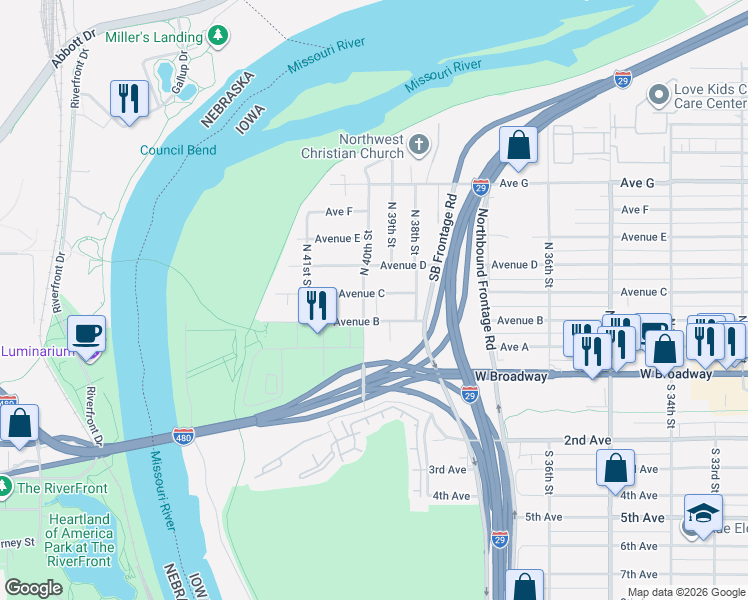 map of restaurants, bars, coffee shops, grocery stores, and more near 3838 Avenue C in Council Bluffs