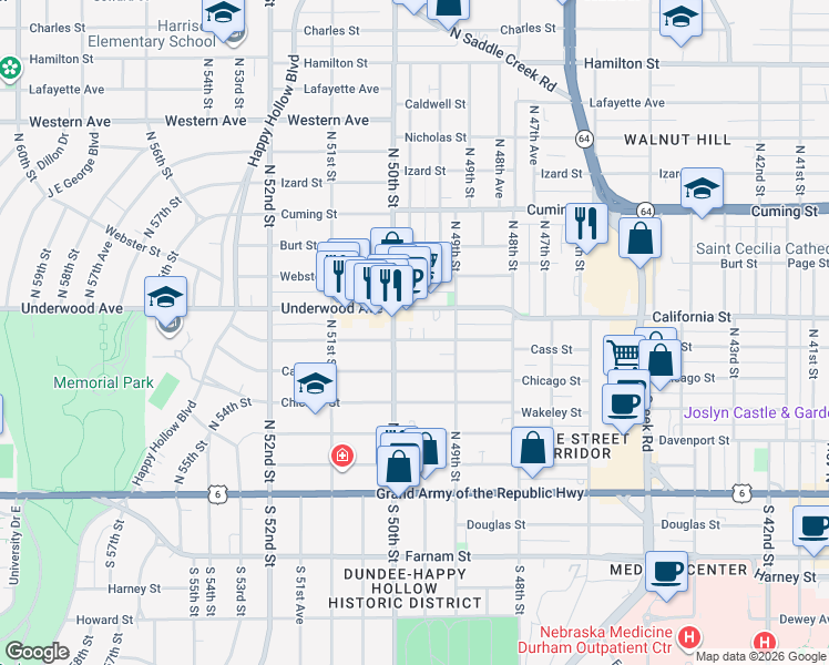 map of restaurants, bars, coffee shops, grocery stores, and more near 4919 Underwood Avenue in Omaha