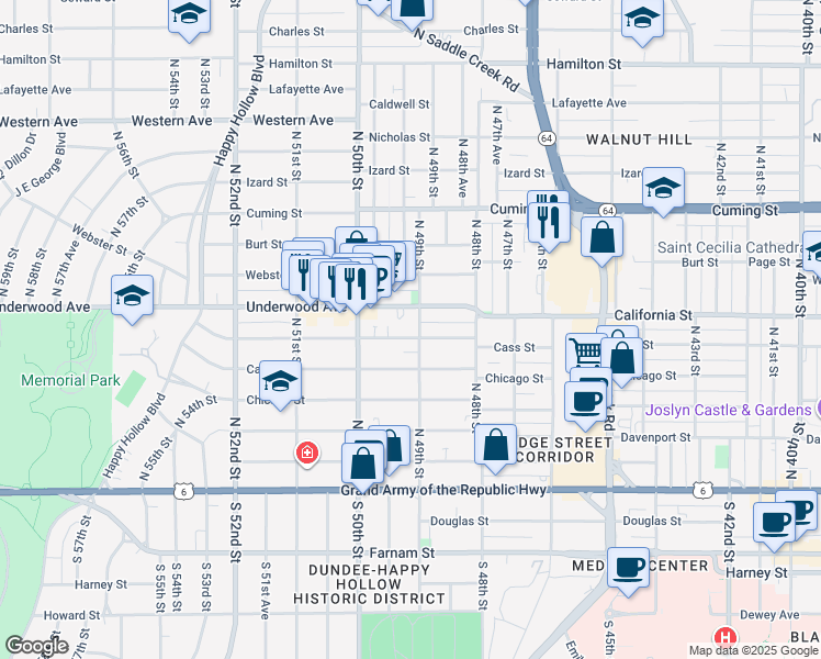 map of restaurants, bars, coffee shops, grocery stores, and more near 4902 California Street in Omaha