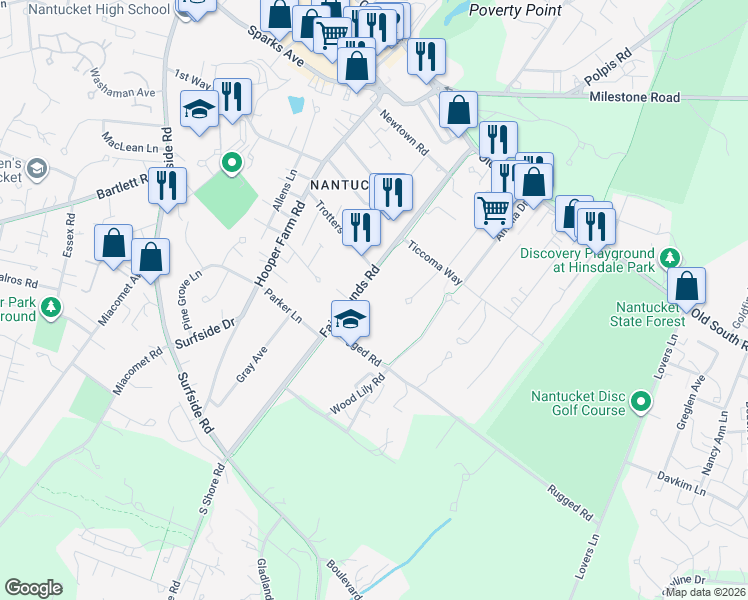 map of restaurants, bars, coffee shops, grocery stores, and more near 42 Fairgrounds Road in Nantucket