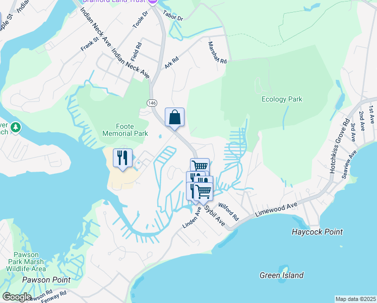 map of restaurants, bars, coffee shops, grocery stores, and more near 157 South Montowese Street in Branford