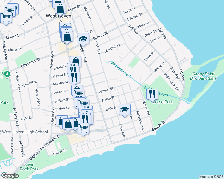 map of restaurants, bars, coffee shops, grocery stores, and more near 55 William Street in West Haven
