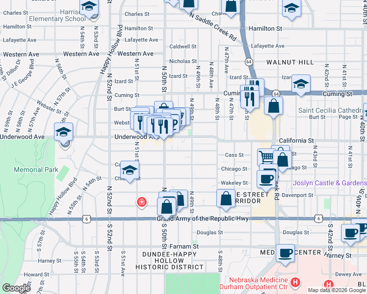 map of restaurants, bars, coffee shops, grocery stores, and more near 4902 Underwood Avenue in Omaha
