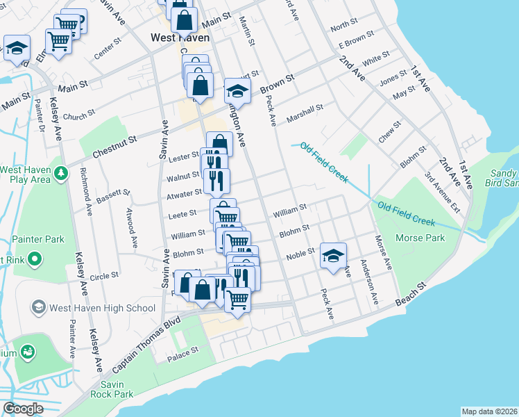 map of restaurants, bars, coffee shops, grocery stores, and more near 228 Washington Avenue in West Haven