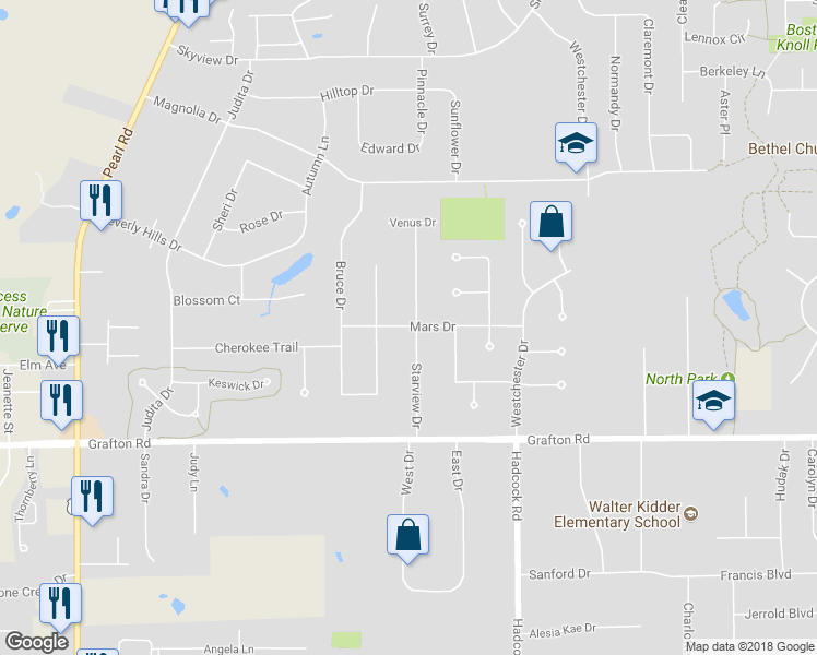 map of restaurants, bars, coffee shops, grocery stores, and more near 416 Mars Drive in Brunswick