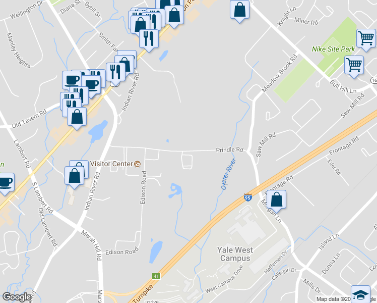 map of restaurants, bars, coffee shops, grocery stores, and more near 61 Prindle Hill Road in Orange