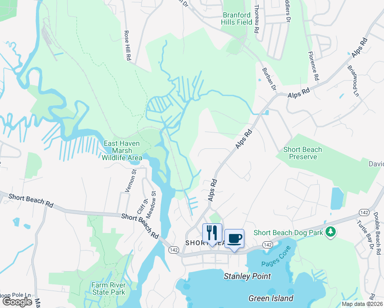 map of restaurants, bars, coffee shops, grocery stores, and more near 12 Spice Bush Lane in Branford