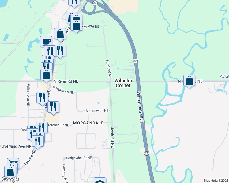 map of restaurants, bars, coffee shops, grocery stores, and more near 2520 North Road Northeast in Warren