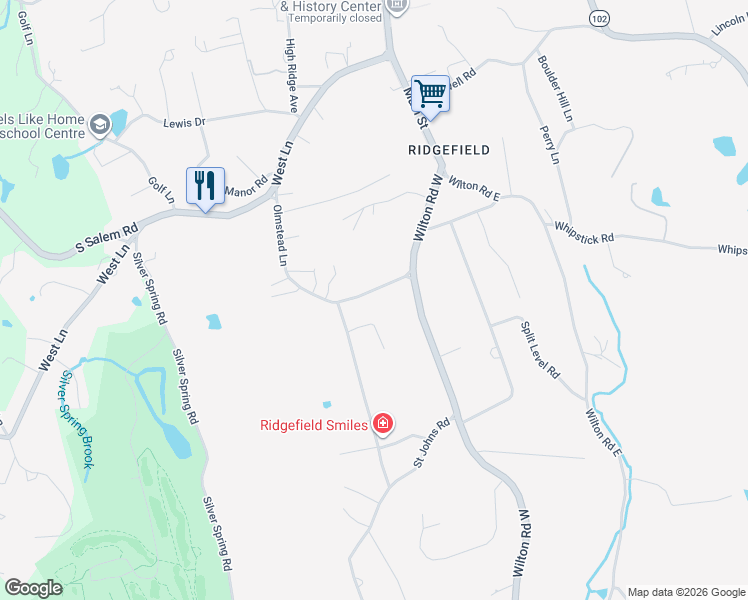 map of restaurants, bars, coffee shops, grocery stores, and more near 28 South Olmstead Lane in Ridgefield