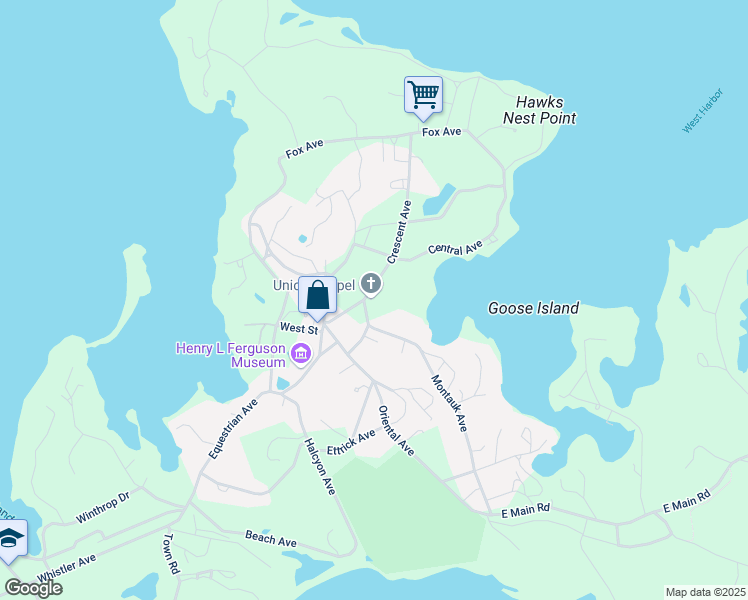 map of restaurants, bars, coffee shops, grocery stores, and more near 821 Crescent Avenue in Fishers Island
