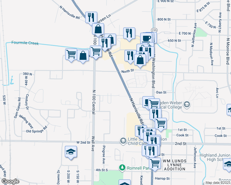 map of restaurants, bars, coffee shops, grocery stores, and more near 311 North Harrisville Road in Ogden