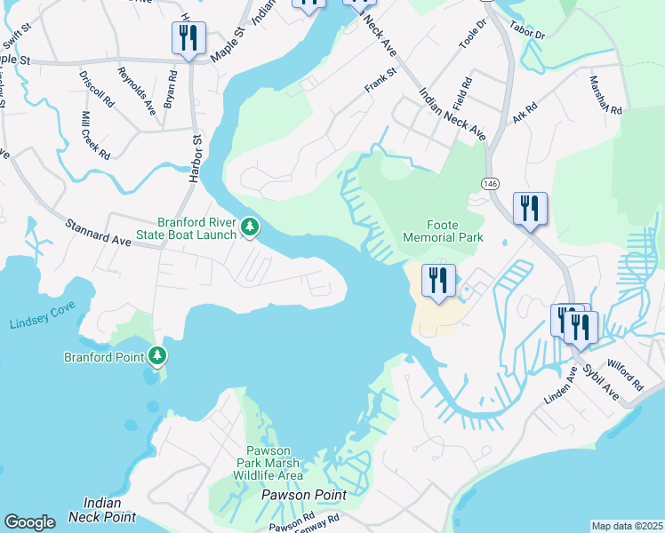map of restaurants, bars, coffee shops, grocery stores, and more near 68 Goodsell Point Road in Branford
