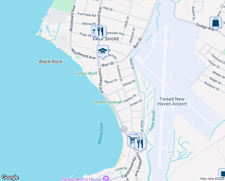map of restaurants, bars, coffee shops, grocery stores, and more near 25 Myron Street in New Haven