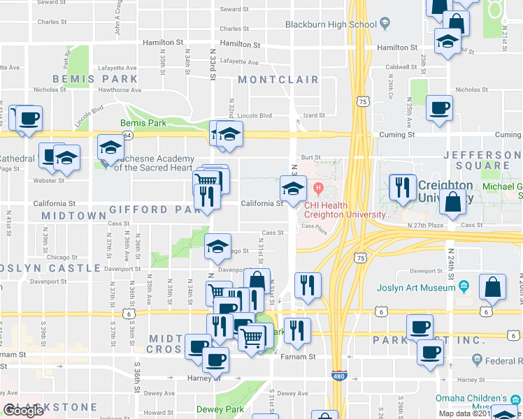 map of restaurants, bars, coffee shops, grocery stores, and more near 3031 California Street in Omaha