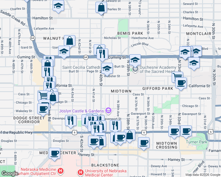 map of restaurants, bars, coffee shops, grocery stores, and more near 3860 California Street in Omaha