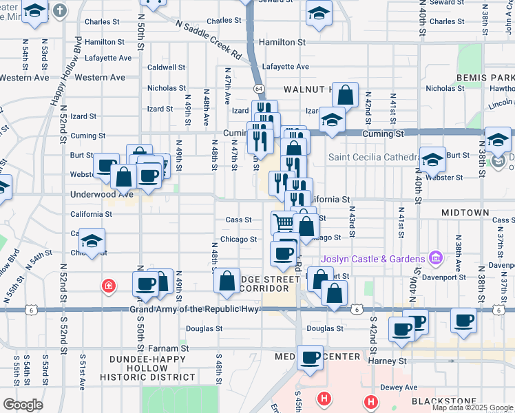 map of restaurants, bars, coffee shops, grocery stores, and more near 4602 California Street in Omaha