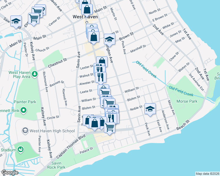 map of restaurants, bars, coffee shops, grocery stores, and more near 88 Leete Street in West Haven