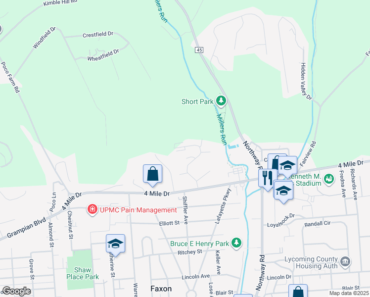 map of restaurants, bars, coffee shops, grocery stores, and more near 168 Valley Heights Drive in Williamsport