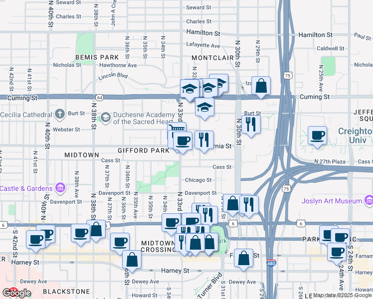 map of restaurants, bars, coffee shops, grocery stores, and more near in Omaha
