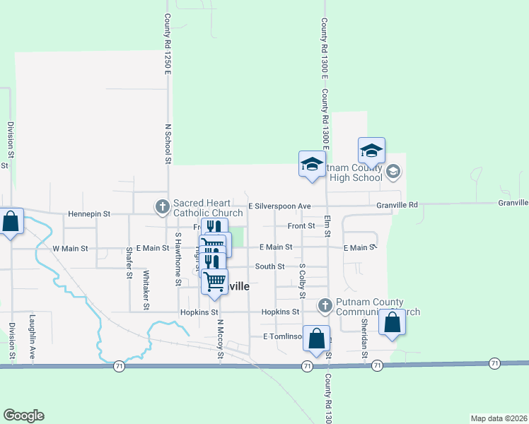 map of restaurants, bars, coffee shops, grocery stores, and more near 202 East Silverspoon Avenue in Granville