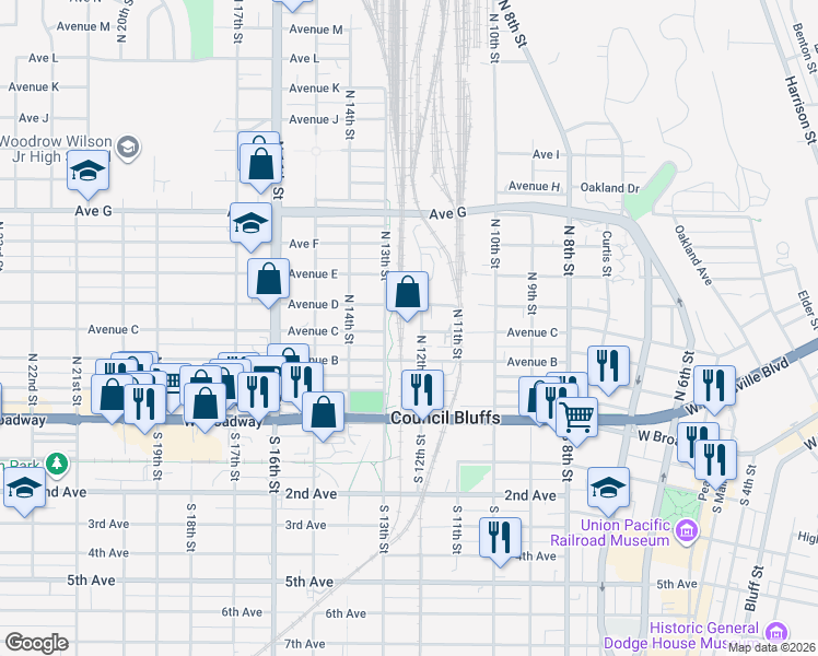 map of restaurants, bars, coffee shops, grocery stores, and more near 1200 Avenue B in Council Bluffs