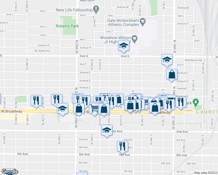 map of restaurants, bars, coffee shops, grocery stores, and more near 305 North 22nd Street in Council Bluffs