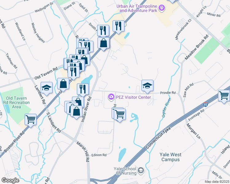 map of restaurants, bars, coffee shops, grocery stores, and more near 45 Prindle Hill Road in Orange