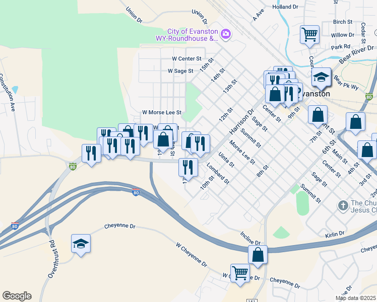 map of restaurants, bars, coffee shops, grocery stores, and more near in Evanston