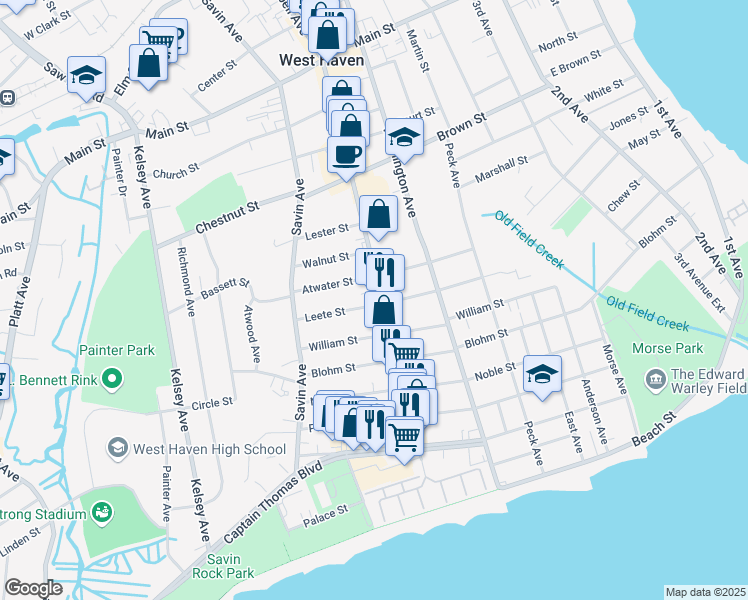 map of restaurants, bars, coffee shops, grocery stores, and more near 132 Atwater Street in West Haven