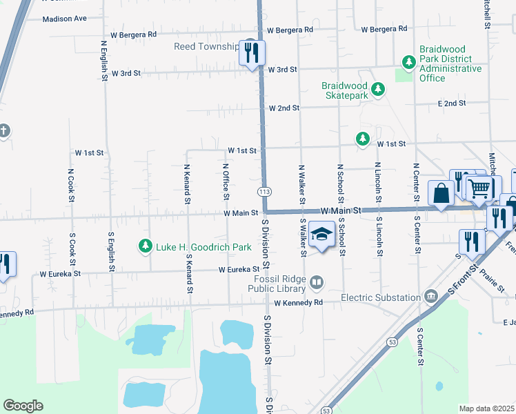 map of restaurants, bars, coffee shops, grocery stores, and more near 120 North Division Street in Braidwood