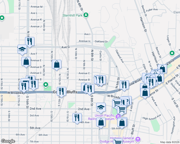 map of restaurants, bars, coffee shops, grocery stores, and more near 310 North 8th Street in Council Bluffs