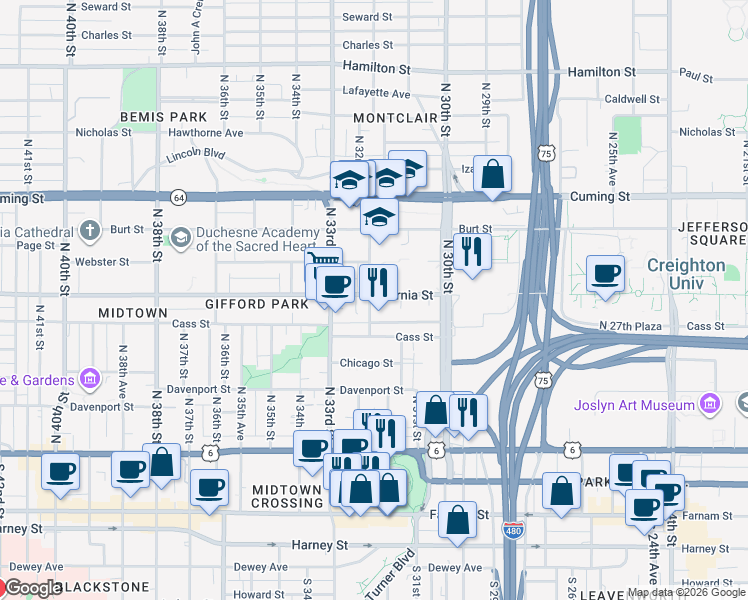map of restaurants, bars, coffee shops, grocery stores, and more near in Omaha