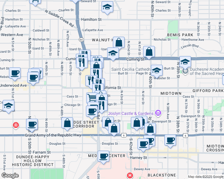 map of restaurants, bars, coffee shops, grocery stores, and more near 4402 California Street in Omaha