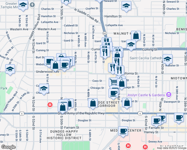map of restaurants, bars, coffee shops, grocery stores, and more near 4712 California Street in Omaha