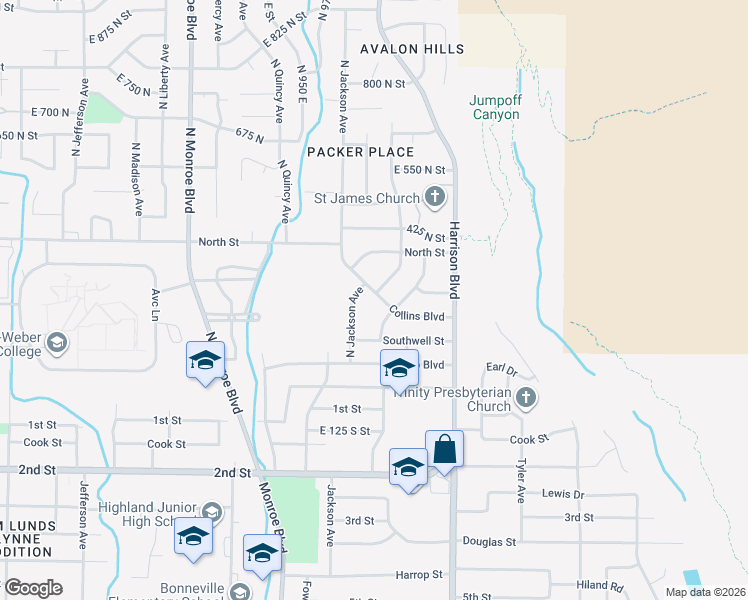 map of restaurants, bars, coffee shops, grocery stores, and more near 1055 Collins Boulevard in Ogden