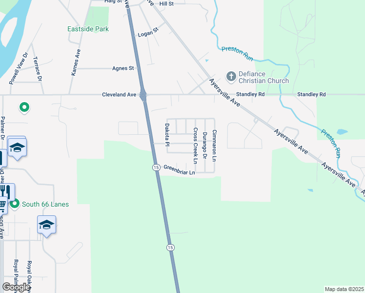 map of restaurants, bars, coffee shops, grocery stores, and more near 619 Sierra Way in Defiance